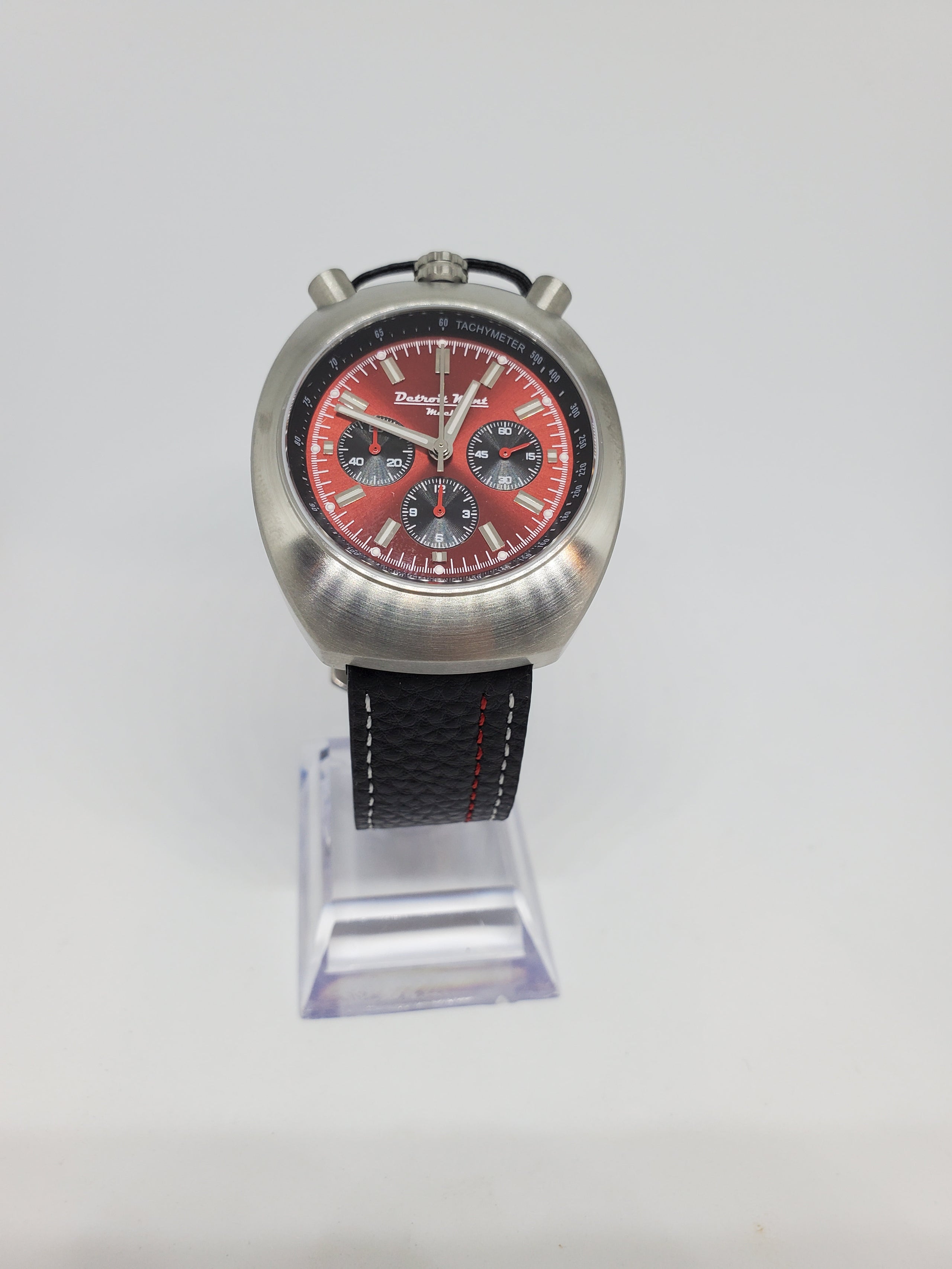 Detroit Mint Mach Bullhead Chronograph Red Sunray Dial Silver Case